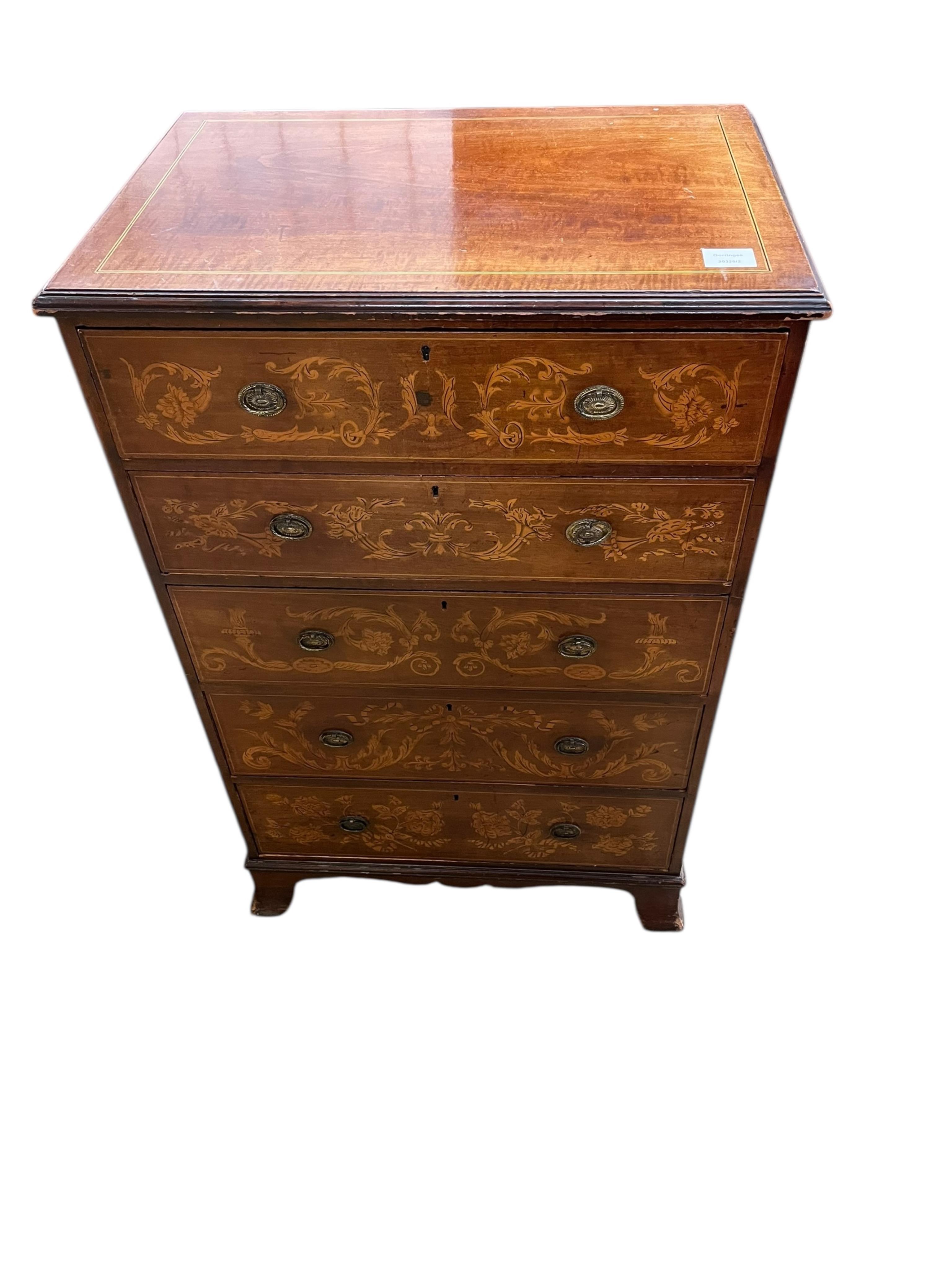 A small Edwardian marquetry inlaid mahogany chest, width 63cm, depth 44cm, height 98cm